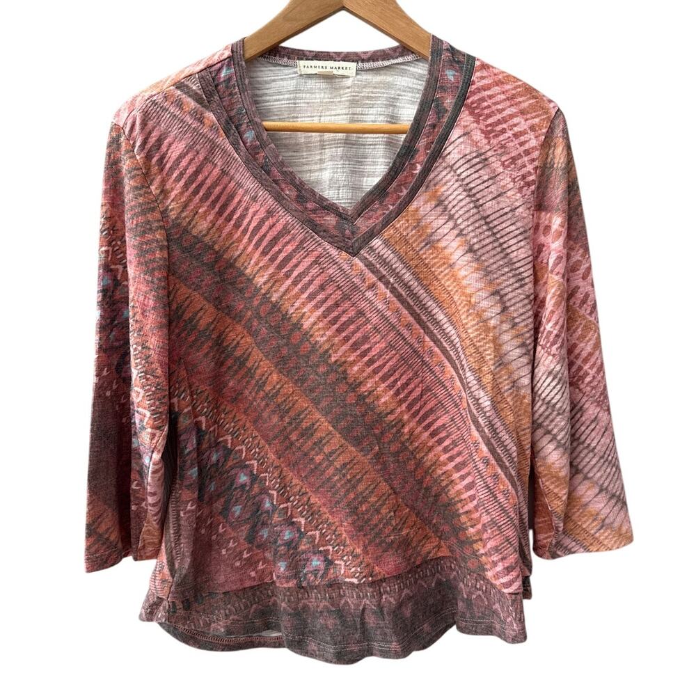 Farmers Market Boho 3/4‎ Sleeve V-Neck Layered Top Neutral Colors Size Medium